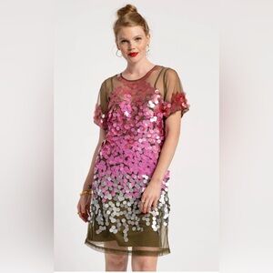 Frances Valentine Paillettes Embellished Rodin Dress Pink Olive Size 1X NWOT